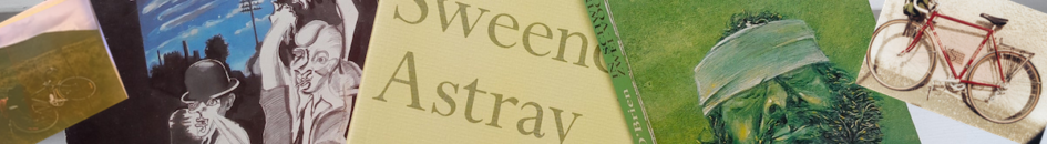 A slice out of a picture of the covers of 3 books: Flann O‘Brien: At-Swim-Two-Birds (Penguin), Seamus Heaney: Sweeney Astray (faber & faber), In Schwimmen-Zwei-Vögel (Translation by Harry Rowohlt), details of these books in the post. At the ends are two pictures of my bicycles. One os my Pegeot on Mount Leinster ca. 1987, and one of the Alves when it was new