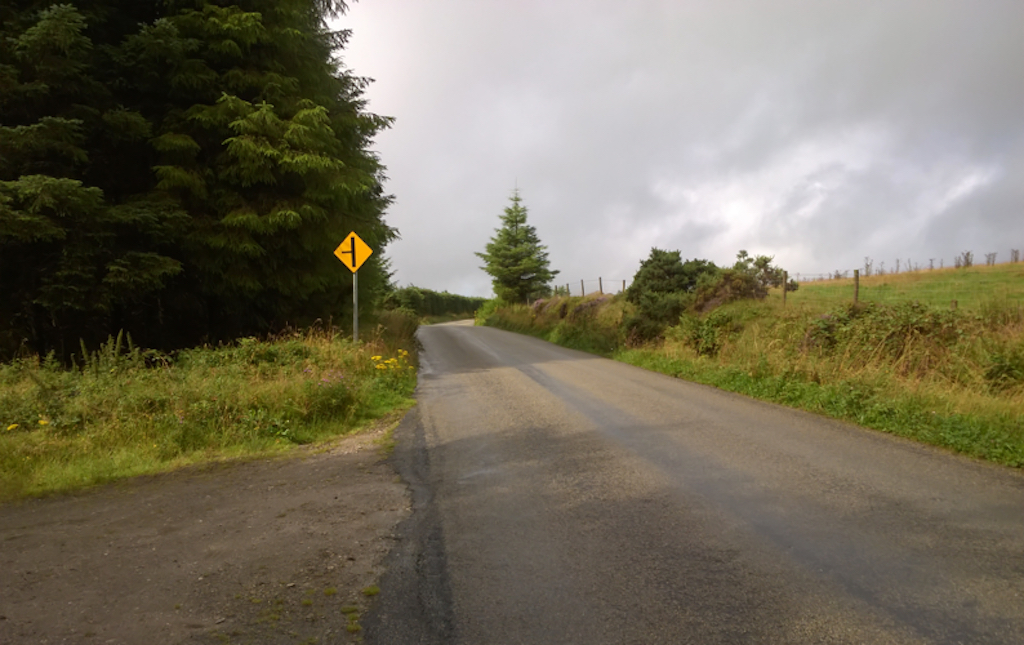 A road under lightening clouds; there is enough sunlight to cast shadows; a yellow sign is bright against dark green trees