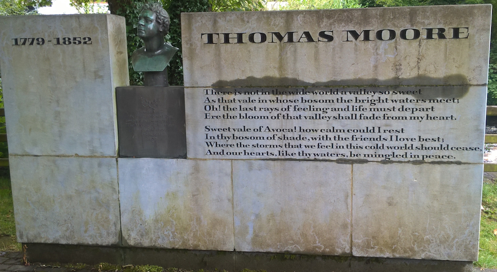 A concrete monument engraved 1779-1852 and "Thomas Moore" with a verse by Moore about the Vale of Avoca