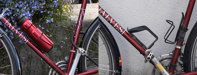side by side pictures of red bike. on the left with old aluminium bottle cage on downtube; on the right, this cage is now on the seat tube while a plastic cage has appeared on the downtube.